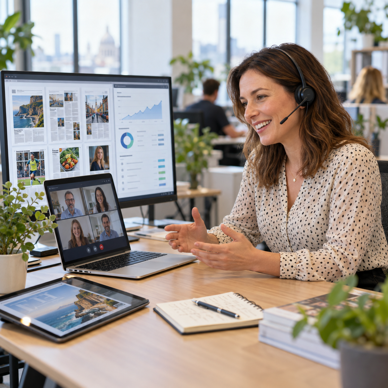 Customer Success Manager recruitment advert for a hybrid role in Ashford, Kent, showing a professional speaking with digital publishing clients.
