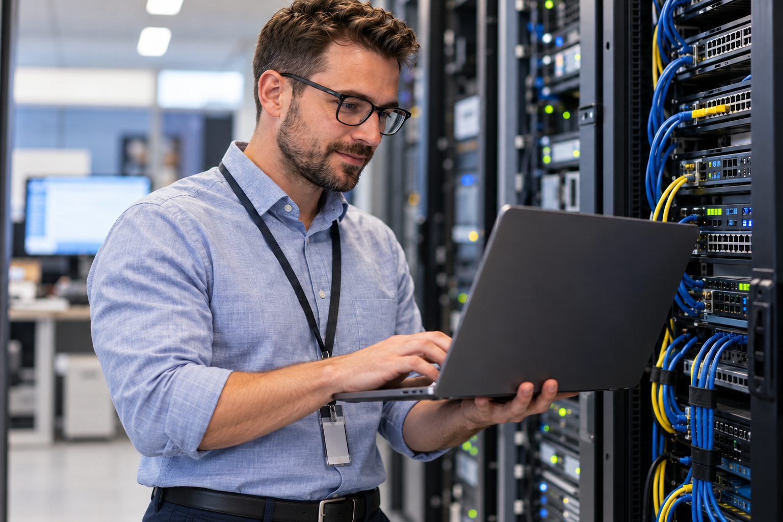 IT engineer using a laptop beside server racks and networking equipment.